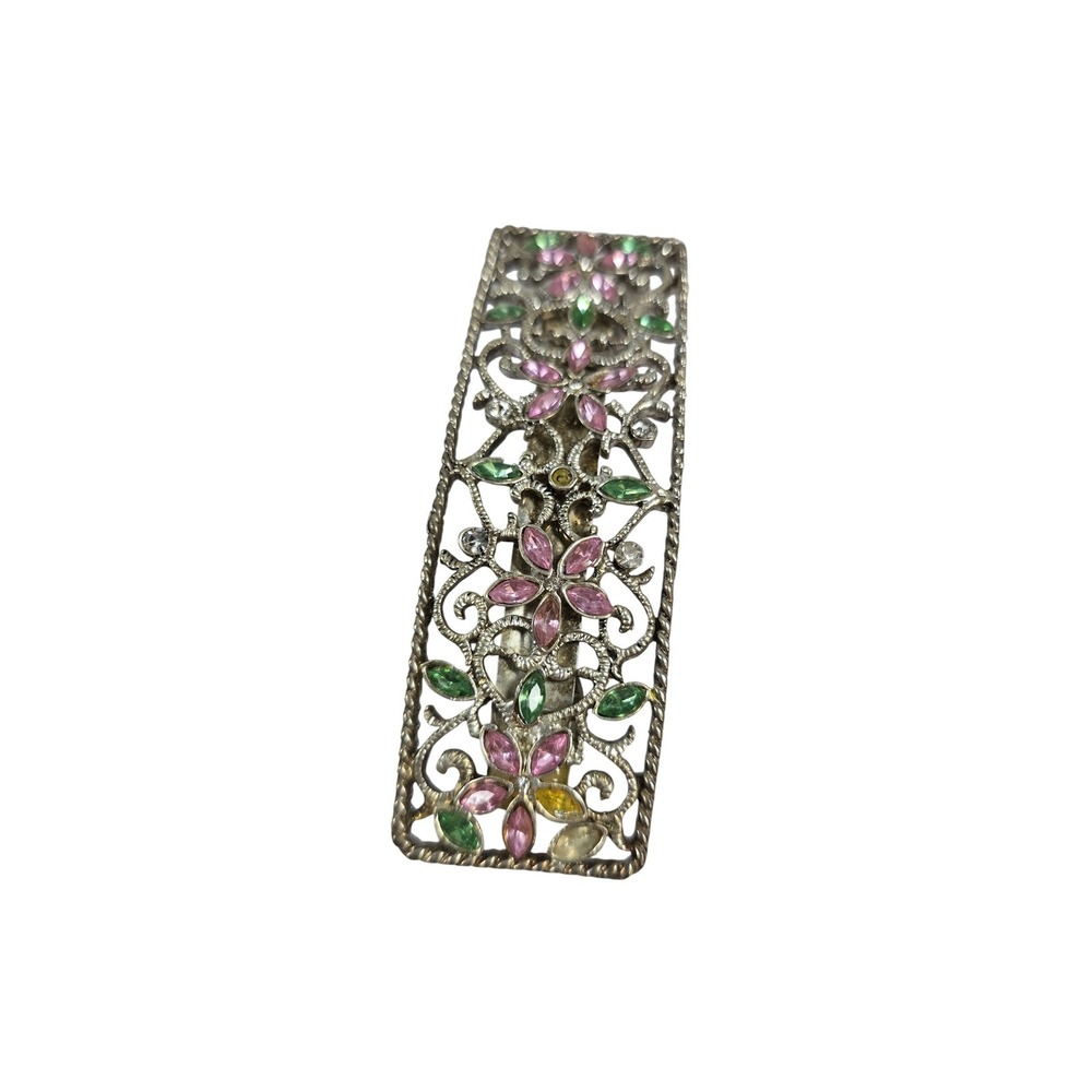 Vintage Filigree Hair Barrette Silver Tone Pink Green Rhinestone French Clip - Picture 2 of 5